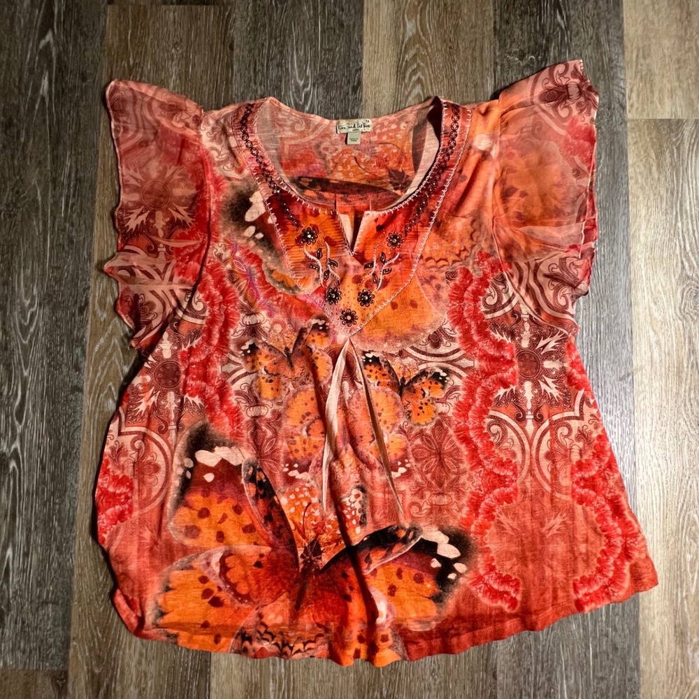 Live and Let Live Butterfly Top Womens 1X Orange Flutter Sleeve Boho Blouse